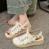 Sandalias de cuña con cordones estilo francés para mujer, Calzado de verano para exteriores, Combina con faldas, Estilo de hada, Suela gruesa, Que aumentan la altura, Calzado romano de una sola tira para mujer