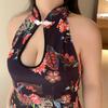 Lencería Tentadora Uniforme Ajustado de Alta Gama para Chica Curvy Nuevo, Cheongsam Sexy Extra Grande con Estampado y Abertura