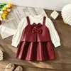 Vestido de Dos Piezas de Piel Sintética para Niña Otoño 2026 Amazon Vestido de Princesa con Parches de Lazos de Manga Larga para Bebé