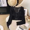 Cárdigan de punto protector solar para mujer, calado, tipo pareo, top sin mangas, 2025 Verano, fino, cuello en V, cordón, camisa de aire acondicionado, prenda exterior, chal
