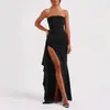 Vestido asimétrico único para mujer, entallado a la cintura, adelgazante, sin tirantes, con abertura, elegante negro, lujo ligero, vestido largo de verano