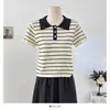 Top de Punto de Verano 2026 Estilo Universitario Coreano con Bloques de Color Rayas Cuello Solapa Manga Corta Ajustado Adelgazante Corto Juvenil