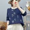 Camisa de Manga Longa em Fio de Algodão Dupla Camada Feminina Estilo Artístico Mori-kei Estampada Macia Amiga da Pele Respirável Algodão Lindo Top Chique