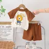 2024 Nuevo Verano Niños Bloques de Color Estampado de León Manga Corta Casual Algodón Pantalón de Cinco Cuartos Conjunto de Dos Piezas Fabricante Venta al por Mayor