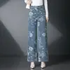 3119 Jeans de Pierna Ancha para Mujer, Nuevo Estilo Primavera y Otoño, Estilo Retro Americano con Diseño Floral Bordado, Pantalones de Pierna Recta