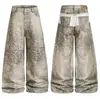 Pantalones casuales de estilo retro americano, estampado de leopardo integral, color block para hombre, nueva colección otoño 2026, pantalones de pierna recta lavados y desgastados