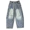 Jeans Americano Loose Saber para Homens e Mulheres Perna Reta Primavera e Outono Adolescentes Patchwork Casual Roupa de Trabalho Perna Larga Calças Longas