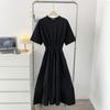 Vestido Largo Elegante Adelgazante de Verano 2026 Estilo Coreano Nuevo Holgado Talla Grande Negro de Cintura Alta con Cinturilla Acampanada para Mujer