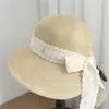 Chapéu de Palha de Aba Larga com Laço de Renda Estilo Francês para Mulheres, Chapéu de Sol para Férias na Praia de Verão, Chapéu Balde com Proteção Solar, Chapéu de Pescador
