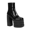 Tamanho 35-46 Botas Martin Femininas Outono e Inverno Europeias e Americanas em Couro Envernizado com Bico Redondo, Plataforma Impermeável, Salto Quadrado, Zíper Lateral, Botas Pretas de Cano Curto