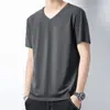 Camiseta Básica Masculina de Verão Slim Gola V Manga Curta Algodão Puro Estilo Coreano Versátil Respirável Casual Cor Lisa Nova 2025