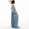 Jeans azules rotos para mujer, de verano, modernos, nuevos, de cintura alta, adelgazantes, holgados, versátiles, rectos, de pierna ancha