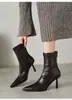 Botas Europeias Apontadas Elásticas Emagrecedoras Inverno Novo Simples Marrom Zíper Atrás Modernas Finas Salto Alto Cano Curto Femininas