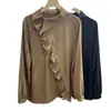 Camisa de botões oblíquos com babados feminina manga longa Primavera e Outono Nova estilo coreano solta peça externa camisa feminina nicho chique top