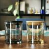 Taza de vela de vidrio gris marrón de 300 ml, taza de aromaterapia electrochapada con tapa de bambú, logotipo serigrafiado en dorado