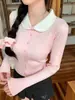 Suéter de Punto Rosa con Cuello de Muñeca Retorcido y Mangas Largas para Mujer a Principios de Otoño, Ajustado, Corto, Suave y Ceroso, Top Básico Súper Bonito y Dulce