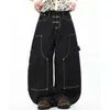 Hebilla de Avión Retro Americana Transfronteriza Hoja Curva Hombres y Mujeres Holgados Pierna Ancha Versátil Diseño de Costuras de Contraste Pantalones Largos Jeans