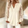 Moda feminina outonal transfronteiriça 2026, estilo europeu e americano, camisa casual de renda com decote V, cor sólida, corte solto