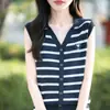 Cardigan de Tricô sem Mangas com Gola Bordada de Seda Gelada, Camiseta Top de Verão Fino Versátil, Colete Camisa Base para Mulheres