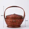 Cesta Grande de Bambu Vintage com Tampa, Cesta de Armazenamento Tecida de Mão na Cor Fumê, Formato Redondo