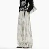 Calças esportivas americanas de perna larga para o verão com toque fluido, calças da moda com textura tie-dye de marca para homens, calças casuais retas largas