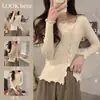 Top Base de Manga Larga para Mujer con Volantes Forrado Diseño Petite Abertura Única Tejido Súper Bonito Otoño Invierno