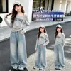 Jeans de pierna recta para niñas, nuevo modelo primavera y otoño 2026, pantalones anchos con bordado de estrellas para niños y estudiantes de secundaria, delgados