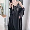 Conjunto de dos piezas de camisón largo y bata, camisola de seda helada con copas en el pecho, bata exterior sexy de encaje, ropa para el hogar, camisón popular