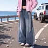 Calça Jeans Reta Listrada para Meninas 2026 Outono Nova Solta Retro Americano Perna Larga Calça Casual de Menina Tendência