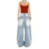 Jeans Rectos Azul Medio para Mujer Verano Nuevo Estilo Retro Americano Blancos Desgastados Casuales Sueltos de Pierna Ancha Pantalones Largos hasta el Suelo