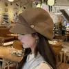 Boina Botão Plissada Estilo Coreano para Mulheres Outono Retro Afina o Rosto Chapéu Octogonal Moda Artística Versátil Chapéu de Pintor