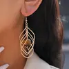 Brincos de Gancho Europeus e Americanos com Pedra Olho de Tigre Metálico Torcido em Forma de Losango, Brincos Personalizados de Estilo Étnico Retrô, Brincos de Nicho de Alta Qualidade