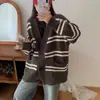 Cárdigan suéter a rayas casual de cuello en V estilo coreano para mujer, nuevo top de punto versátil de corte holgado para otoño e invierno para mujer