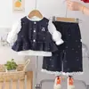 Conjunto Elegante de Três Peças Bordado com Laço e Manga Longa para Meninas - Nova Moda Primavera e Outono para Crianças Pequenas