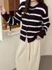 Korean-style color-block striped sweater coat, 2026 autumn/winter new collection, soft and versatile, relaxed fit, round-neck knitted cardigan for women