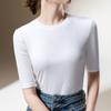 Camiseta de Manga Média para Mulheres 2025 Primavera & Outono Nova Básica Gola Redonda Cor Pura Camiseta Elegante Manga Três Quartos Top Cintura Elástica