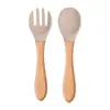 Talheres de alimentação para crianças de grau alimentício Colher de comer para bebê Garfo Silicone Tigela Colher Garfo de silicone para crianças Colher com cabo de madeira