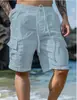 Shorts Casuais de Algodão e Linho Transfronteiriços para Homens, Cordão na Cintura Elástica, Perna Reta, Cor Sólida, Respirável, Shorts Casuais Esportivos de Praia