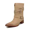 Botas Curtas Moda Estilo Britânico Salto Bloco Salto Alto Bico Fino Fivela Decote V 4,5cm Chegada Nova Outono/Inverno 2026 Moda