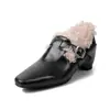 Zapatos de Felpa de Cuero con Aumento de Altura Estilo Francés 2025 de Tacón Alto Cuña Punta Cuadrada Piel Genuina Engrosados Peludos Mary Jane para Mujer
