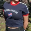 Top Corto de Verano para Mujer de Manga Corta con Bordado de Letras de Bandera Versátil Ajustado Camiseta de Manga Corta Mundial Ins