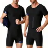 Traje Completo de Sauna Masculino Manga Curta Shorts Zíper Frontal Botão de Pressão Modelador Corporal Ajustável Treinador de Cintura Revestido para Suar