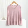 2024 Nuevo Estilo Camiseta Básica Fina de Manga Larga para Mujer Primavera y Otoño Modal Cuello en V Camiseta Interior Holgada Todo Fósforo Color Sólido Top