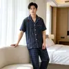 Pijama para Hombre Algodón Puro Doble Capa Gasa de Algodón Primavera y Verano Estilo Nuevo Solapa Manga Corta Pantalón Largo Holgado Talla Grande Cómodo Ropa para el Hogar