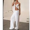 Estilo Europeo y Americano Ropa de Casa Nuevas Llegadas Primavera y Verano Sexy Cuello en V Profundo Tirantes con Volantes Pantalones Largos Conjunto de Pijama de Jacquard Tejido para Mujer