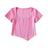 Camiseta de manga corta con cuello en U profundo y parche elástico con costuras de espiga irregulares para mujer de estilo europeo y americano