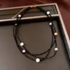 Collar transfronterizo de cuentas de vidrio redondas multicapa y perlas, cadena para la clavícula de lujo ligero de nicho, accesorio de moda estilo vintage