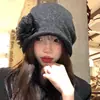 Gorro de Tricô Preto Retro Floral Estilo Coreano Slouchy Moda Nicho Tendência Chapéu Pulôver Emagrecedor para Mulheres