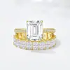 Conjunto de Anéis de Prata de Lei S925 com Diamantes Completos Europeu e Americano Venda Quente Transfronteiriça Geométrico Quadrado Zircônia Conjunto Combinação Anel Pulseira