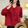 Estilo Étnico Moda Casual Cuello Solapa Botón Rana Camisa Mujer Algodón Gasa Delgado Retro Nuevo Chino Primavera Otoño Manga Larga Top Mujer